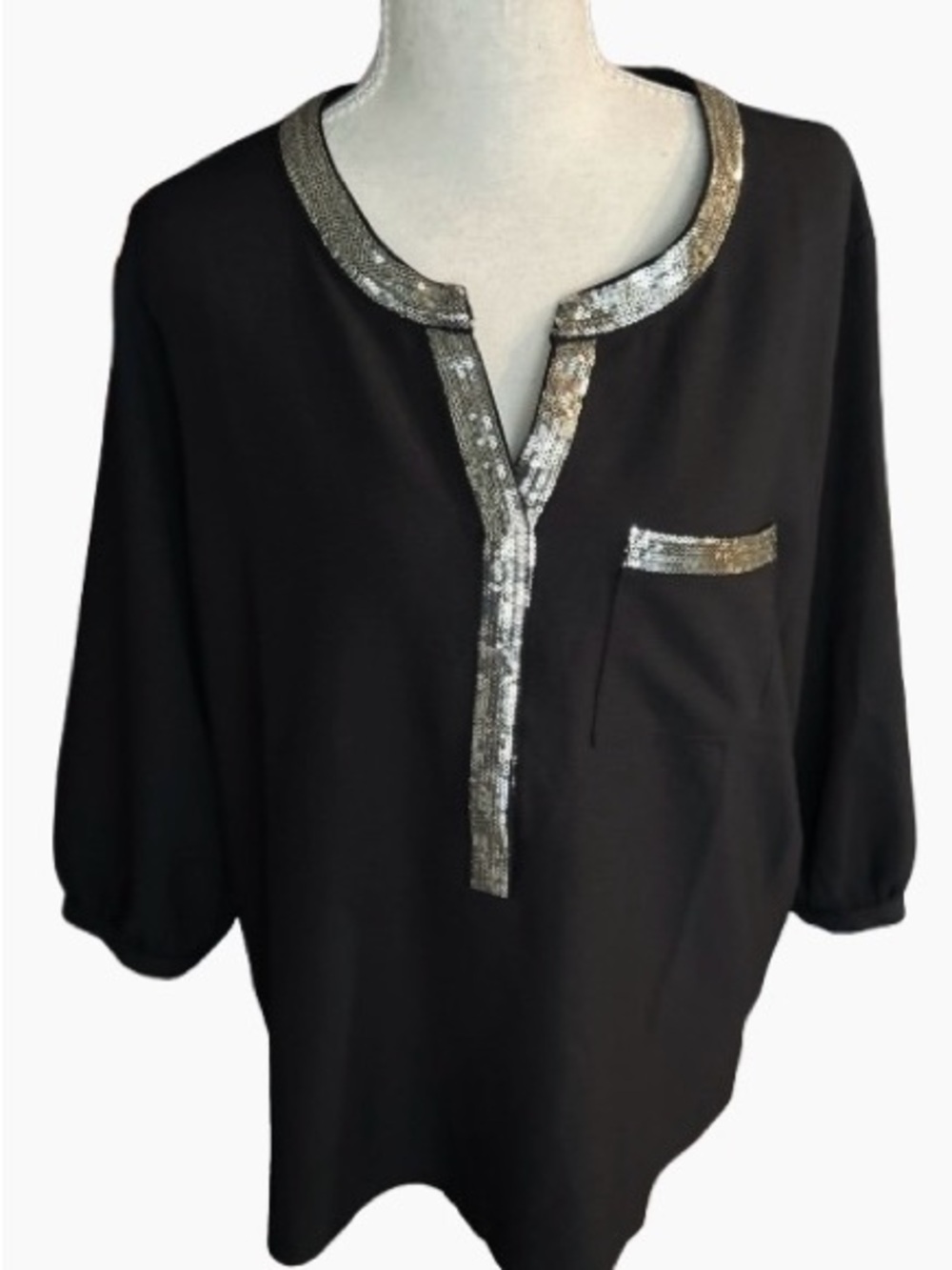 Vintage Y2K Silver Sequin BEDFORD FAIR Blouse Top Shirt Pocket Med Boho Peasant